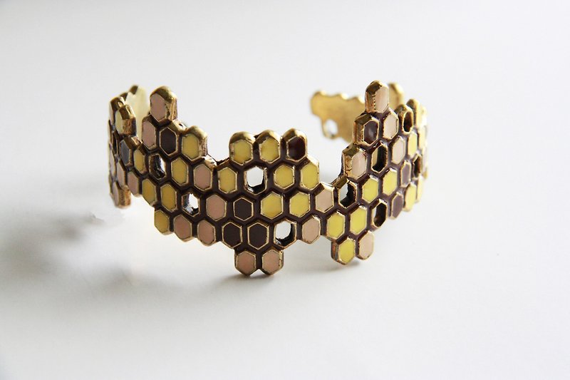 Honeycomb Bracelet / Bangle - Geometric cuff - brass metal with enamel - Bracelets - Other Metals Gold