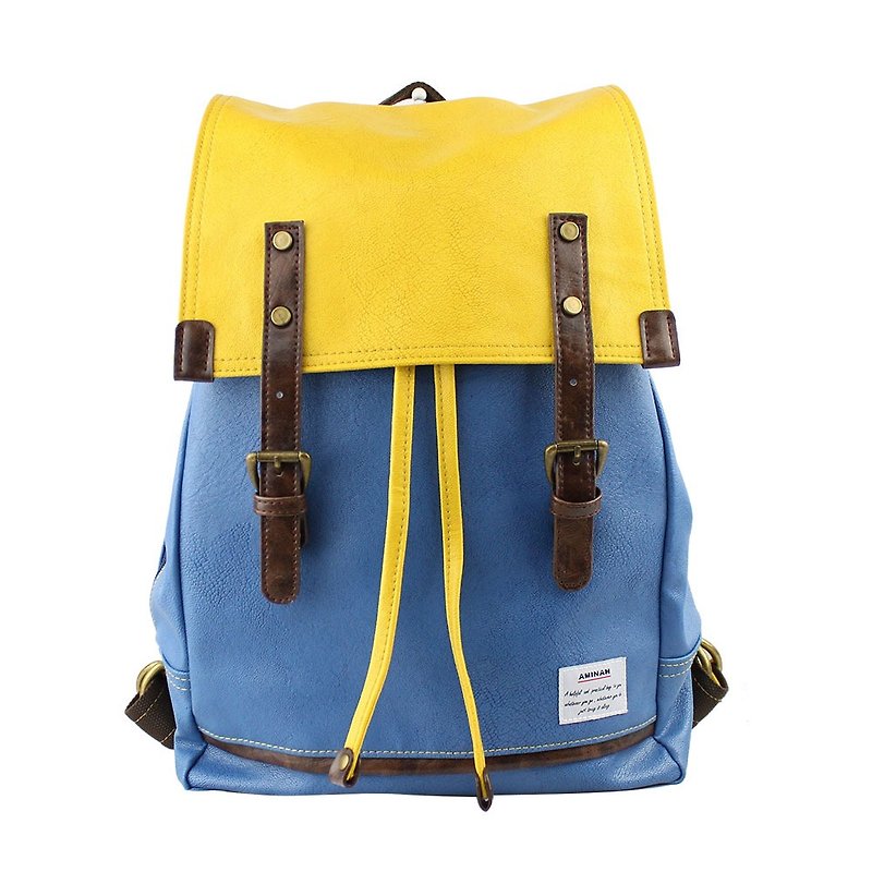 AMINAH-藍黃拼色後背包【am-0212】 - 後背包/書包 - 人造皮革 黃色