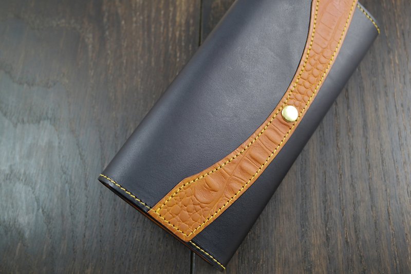 APEE leather handmade ~ long clip ~ plain black / Ming yellow - กระเป๋าสตางค์ - หนังแท้ 