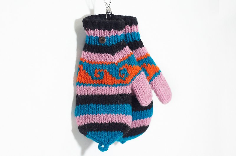 西洋情人節禮物 限量一件手織純羊毛針織手套 / 可拆卸手套 / 鉤針手套 / 保暖手套 - 粉紅對比色民族圖騰 - 手套/手襪 - 其他材質 多色