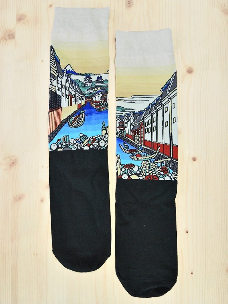 JHJ Design Canadian brand high-color knitted cotton socks Ukiyo-e series-Edo Nihonbashi socks (knitted cotton socks) Japanese style - ถุงเท้า - วัสดุอื่นๆ 