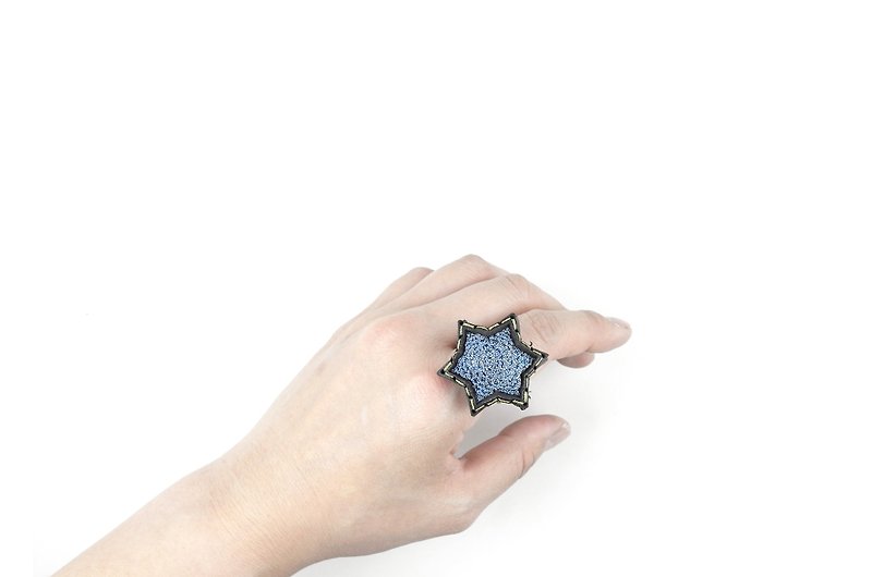 SUE BI DO WA-Hand-made leather and hand-woven star ring (blue)-Leather mix with yarn Star Ring - General Rings - Genuine Leather Blue