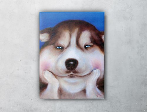 9cm zoo 9公分動物園 微笑動物 哈士奇 油畫 複製畫 小狗