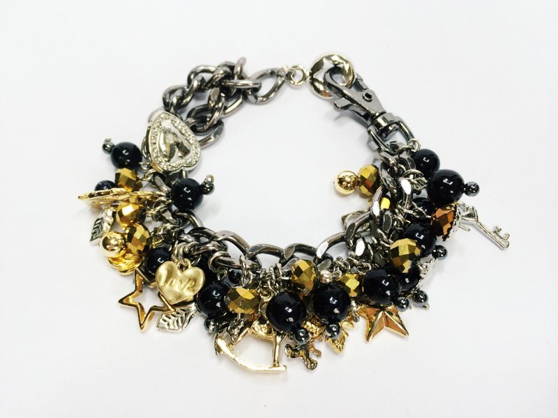 Rock crystal black gold chain - สร้อยข้อมือ - วัสดุอื่นๆ สีดำ