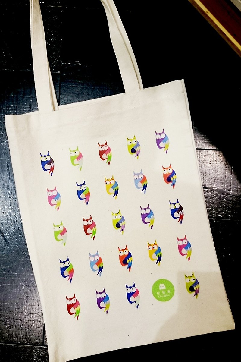 貓與狗與貓頭鷹的購物袋-07-貓頭鷹家族 - 側背包/斜孭袋 - 棉．麻 白色