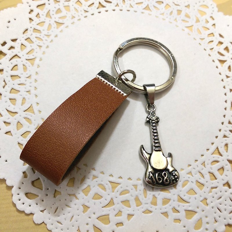 [Stainless steel electric guitar leather key ring] Musical instrument orchestra note leather hand-made customized custom-made "Mi Si Xiong" graduation gift - ที่ห้อยกุญแจ - หนังแท้ สีดำ