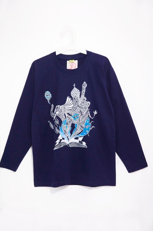 omhandmade 男版手感長袖上衣 / 旅行T-shirt - 印度大象 ( 藍Ｌ )