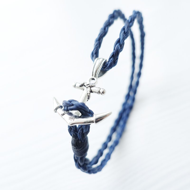 <<ANCHOR>> tailormade handmade waterproof  woven  anklet bracelet  with 925 sterling silver - สร้อยข้อมือ - วัสดุกันนำ้ สีน้ำเงิน