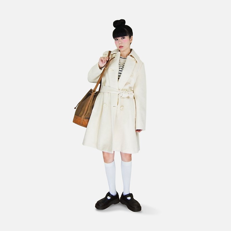 A‧PRANK: DOLLY :: VINTAGE retro with sailing stacked beige collar / double-breasted wool coat jacket (with belt) - เสื้อแจ็คเก็ต - ผ้าฝ้าย/ผ้าลินิน 