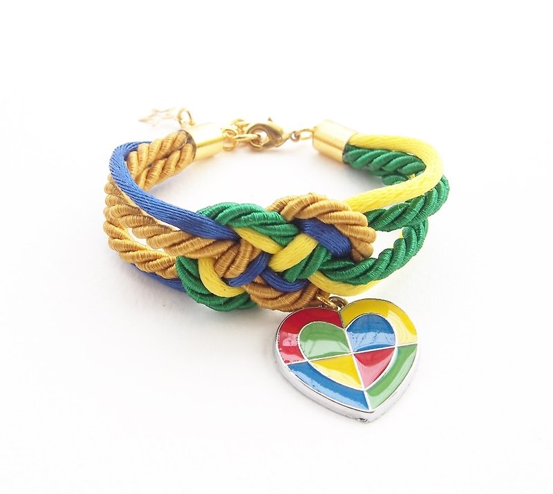 Green,yellow,blue nautical bracelet with colorful heart charm - สร้อยข้อมือ - วัสดุอื่นๆ หลากหลายสี