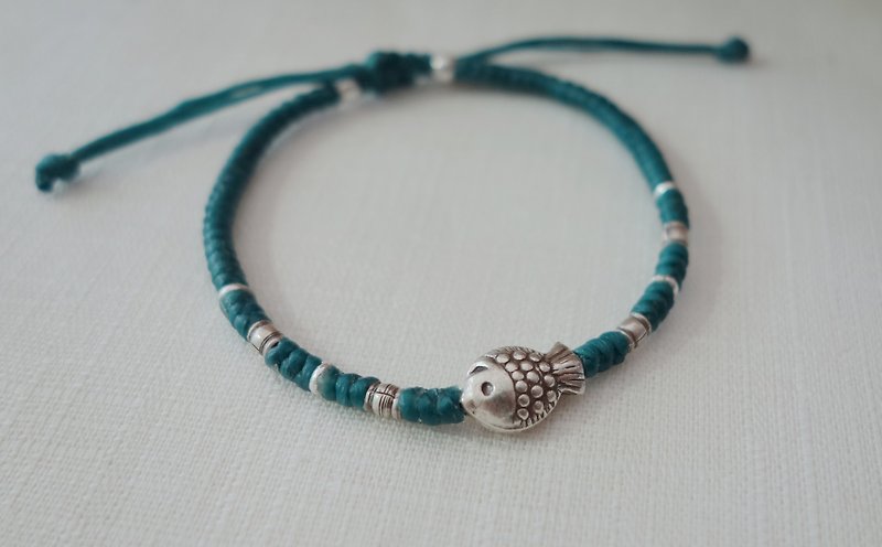 ~米+熊~ Fish water swimming 925 sterling silver silk wax line braided bracelet fine bracelet - สร้อยข้อมือ - โลหะ สีน้ำเงิน