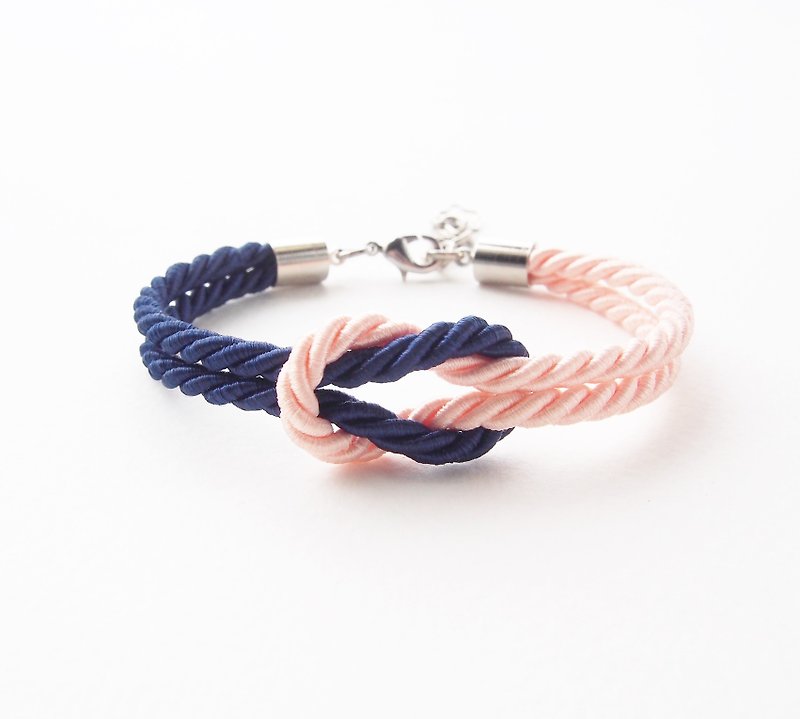 Navy blue and Peach knot rope bracelet - สร้อยข้อมือ - วัสดุอื่นๆ สีน้ำเงิน