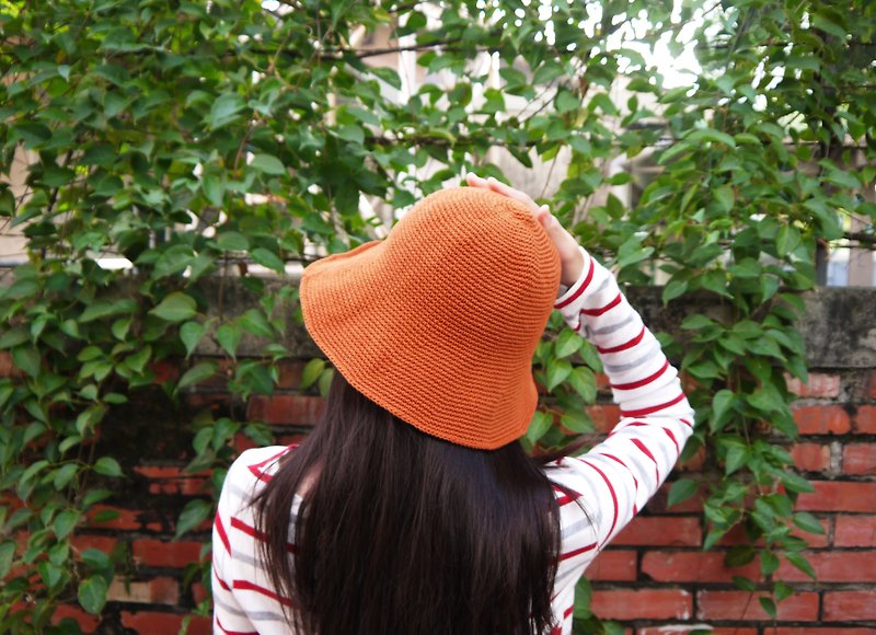 Mother's hand-made hat-hand-made cotton rope crochet hat/wide-brimmed fisherman hat-vintage orange/gift/mother's day - หมวก - ผ้าฝ้าย/ผ้าลินิน สีส้ม