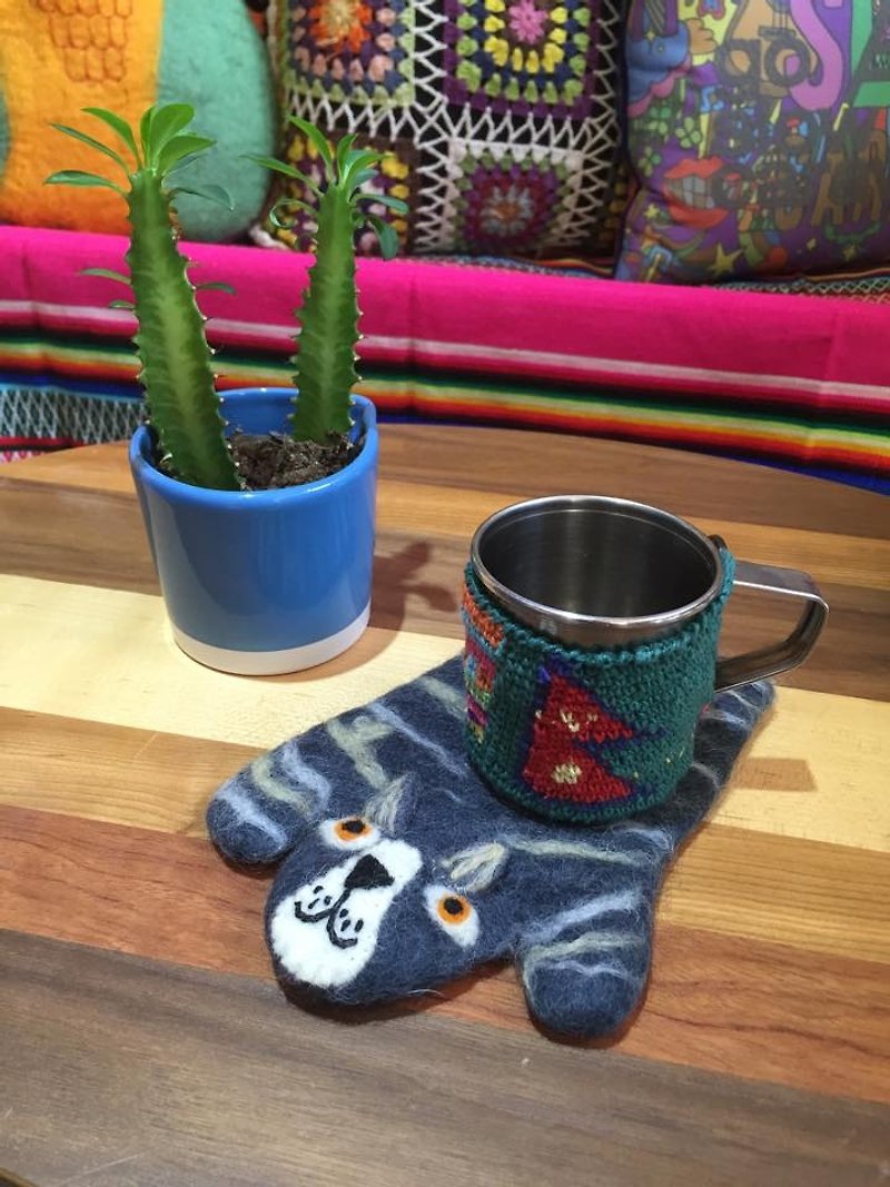 ✾saibaba ethnique // Papa gray cat felt coasters ✾ - Place Mats & Dining Décor - Wool Multicolor
