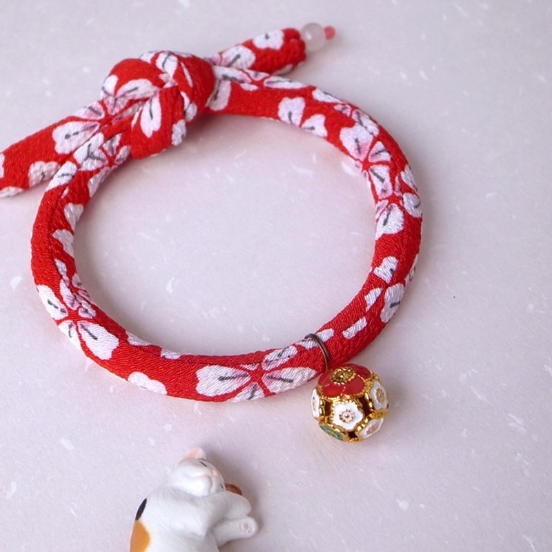 Japanese kimono dog collar & cat collar【Single knot】Red_S size - ปลอกคอ - ผ้าไหม สีแดง