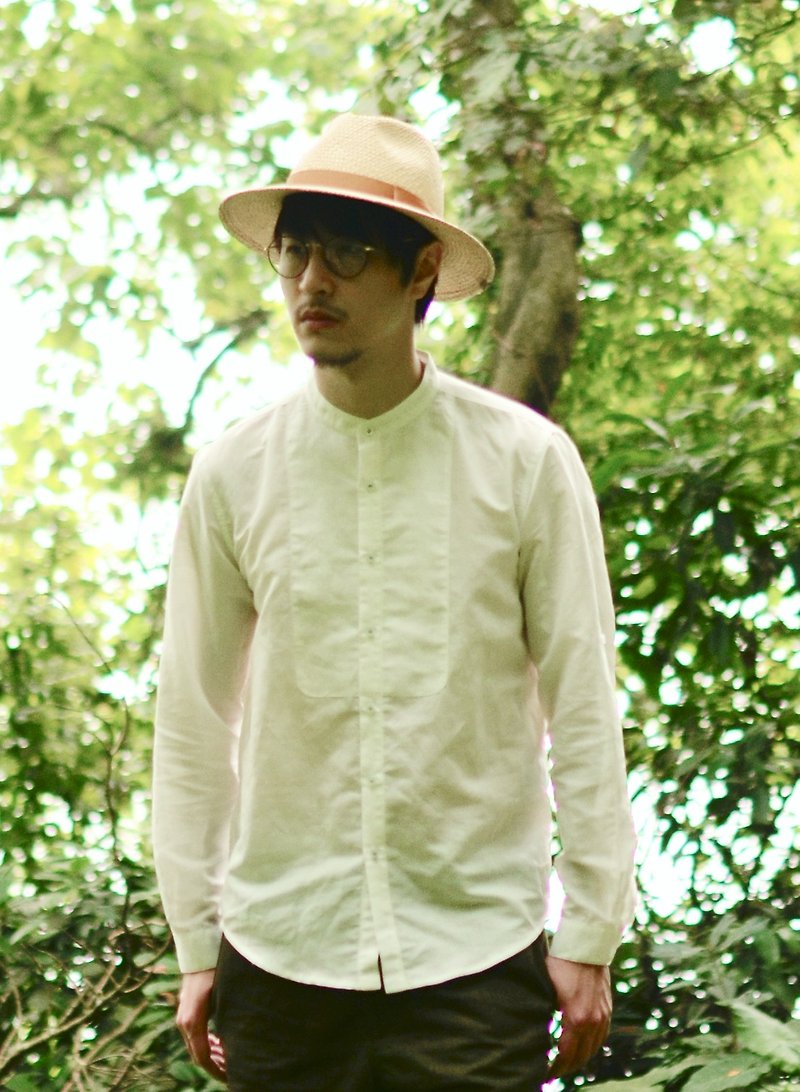 A white linen shirt with a standing collar and roll up sleeves. - Men's Shirts - Cotton & Hemp White
