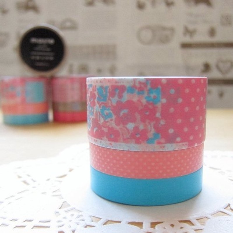 maste Masking Tape 和紙膠帶 3捲裝【碎花拼布-粉紅 (MSG-MKT02-PK)】 - Washi Tape - Paper Pink