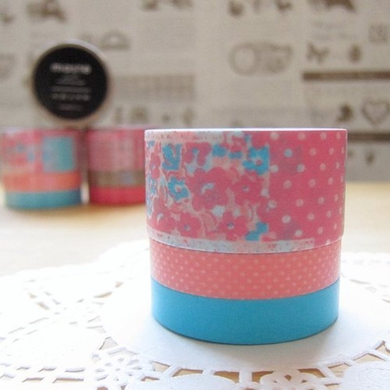 maste Masking Tape 和紙膠帶 3捲裝【碎花拼布-粉紅 (MSG-MKT02-PK)】 - マスキングテープ - 紙 ピンク