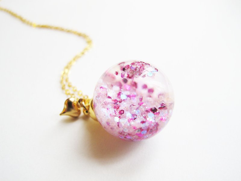 ＊Rosy Garden＊ Romantic Valentine's Pink and white glitter with water inisde glass ball necklace - สร้อยคอ - แก้ว สึชมพู
