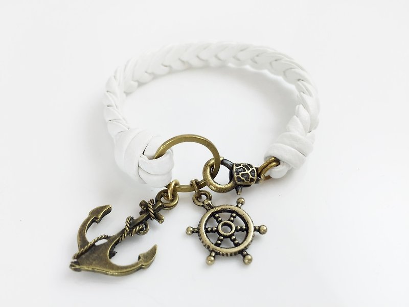 [X rudder anchor x white lacing cannabis] - Bracelets - Genuine Leather White