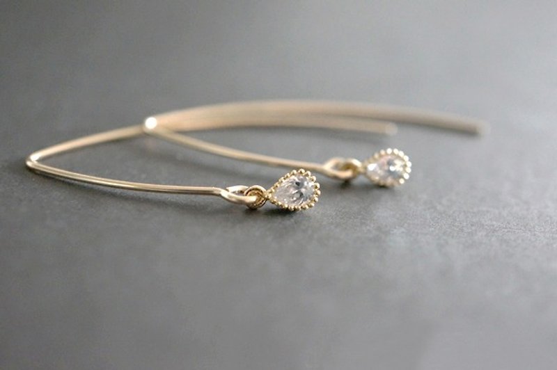 [14KGF] Simple Earrings, CZ Tiny Teardrop - Earrings & Clip-ons - Other Metals Gold