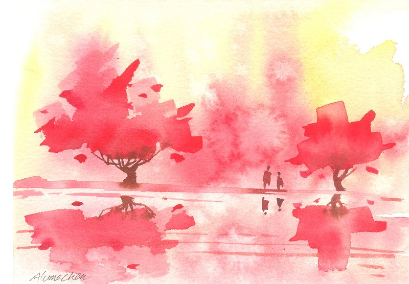 「療癒系樹林系列1-4」水彩手繪限量版明信片/賀卡 - 卡片/明信片 - 紙 紅色