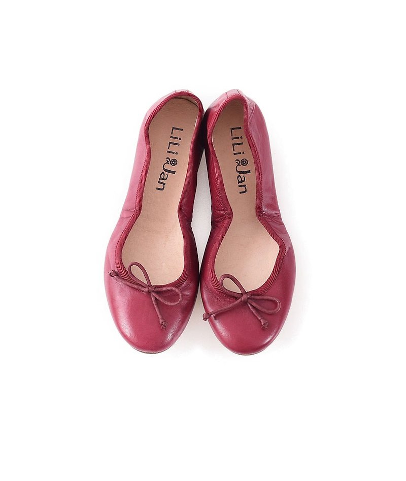 【法式嚮往】皮底摺疊芭蕾舞鞋-莓果紅 - 娃娃鞋/平底鞋 - 真皮 紅色