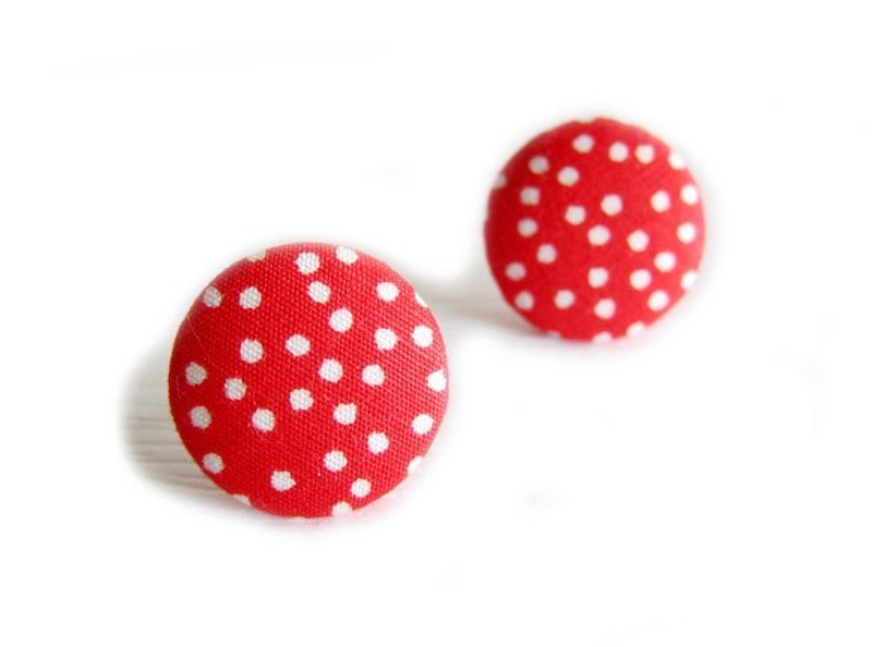 Do little red and white cloth buckle earrings clip-on earrings - ต่างหู - วัสดุอื่นๆ 