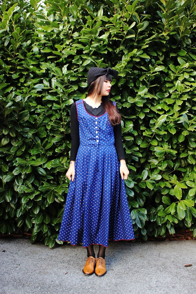 F838(Vintage)深藍色小碎花紅色滾邊棉質背心洋裝(奧地利傳統Dirndl) - 連身裙 - 其他材質 藍色