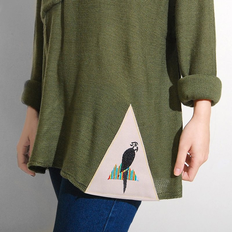 The last thing [Mr.] keep a parrot / denim collar knit shirt - dark green - Women's Sweaters - Other Materials Green