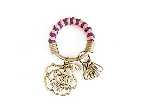 優娜手作–U.N.A handiwork 鑰匙圈(小)5.3CM 粉紅色+紫+玫瑰花 手工 編織 腊繩 鐵環 客製化
