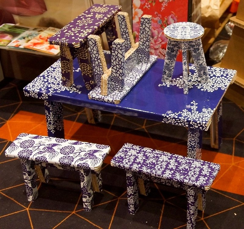 【ベンチ]ブルーブルーブルー色素小さな家具のシリーズ、ラン、蘭、牡丹風水ドラマ - キッズ家具 - 紙 
