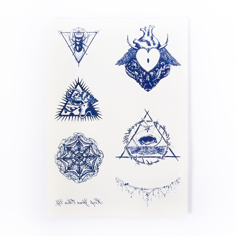 手繪鍊金術塔羅刺青紋身貼紙曈甲蟲曼陀羅心臟三角深藍防水防敏感 - 紋身貼紙 - 紙 藍色
