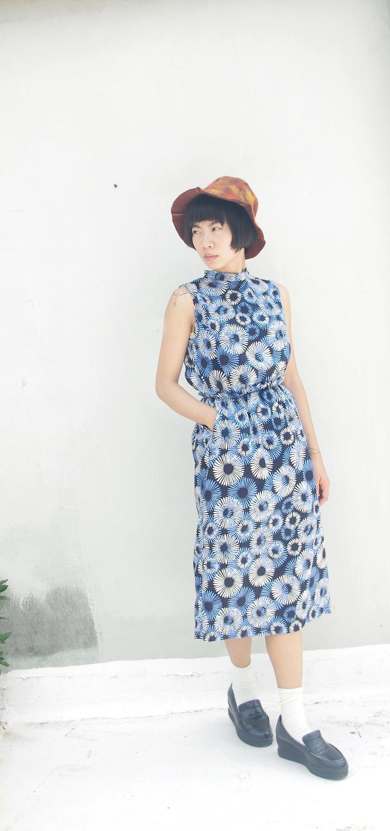 4.5studio- independent hand-made by FU- night fireworks blue collar sleeveless dress printing discounts - One Piece Dresses - Other Materials Blue