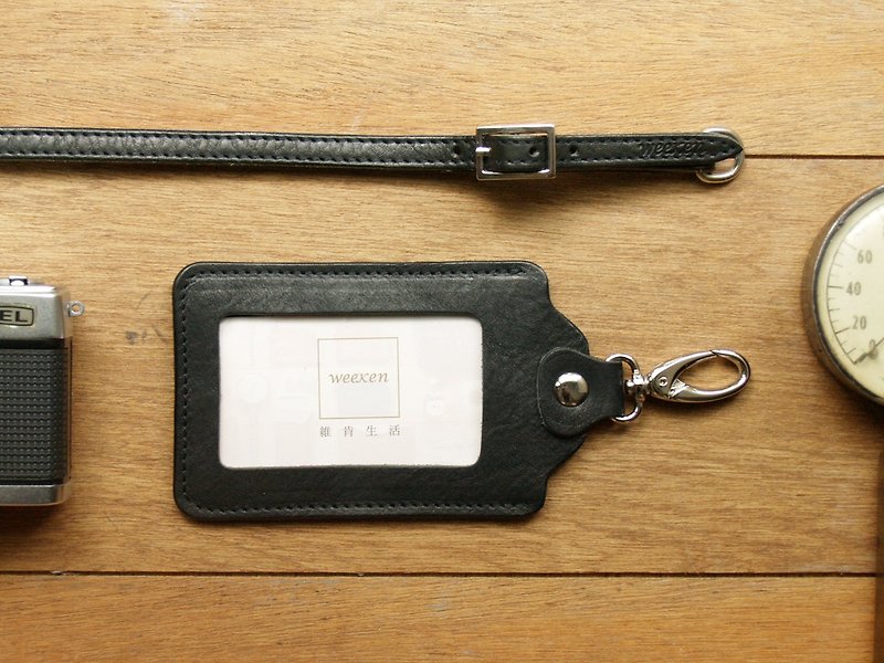 Leather ID card holder / badge holder with lanyard ( Custom Name ) - ที่ใส่บัตรคล้องคอ - หนังแท้ สีดำ