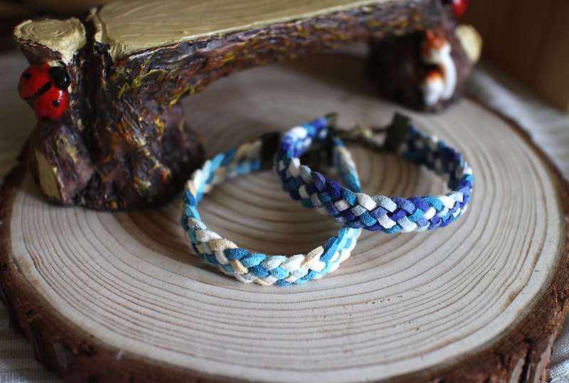 hand made bracelet-- korean synthetic leather【Double Blue】 - Bracelets - Genuine Leather Blue