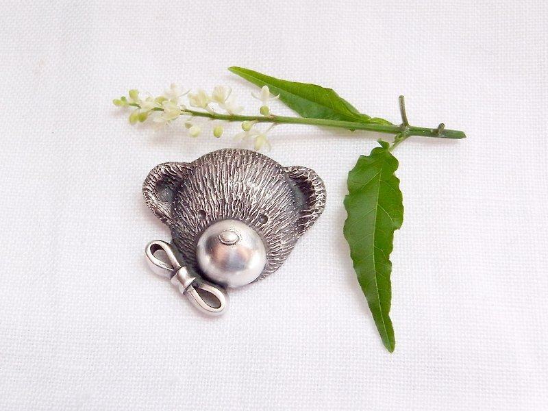 Bow-Knot Teddy Bear--Sterling Silver--Silver Teddy Bear--Pendant Necklace - Necklaces - Silver Gray