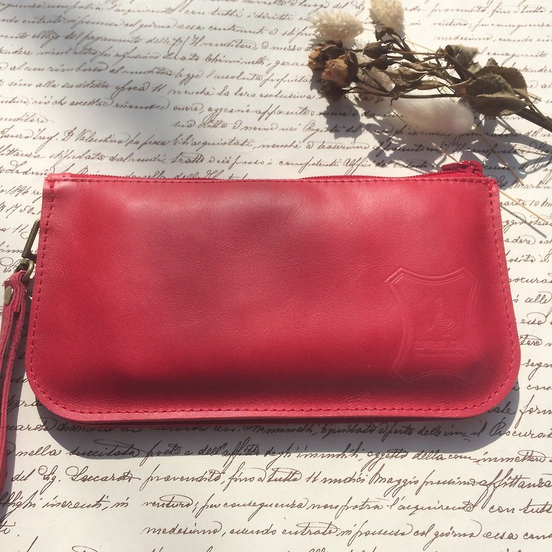 Naughty girl "_ three red packet (long strap + wrist band), handmade leather, phone bag, clutch, purse - อื่นๆ - หนังแท้ สีแดง