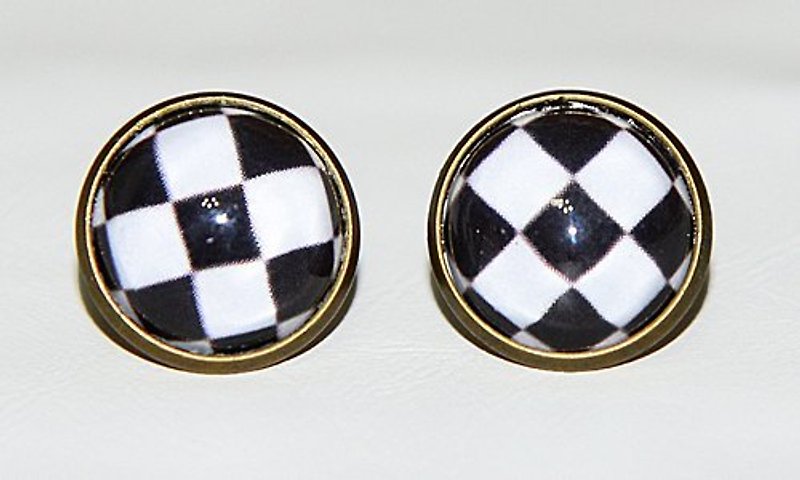 Small squares - black and white earrings (auricular / ear clip) - ต่างหู - โลหะ สีดำ