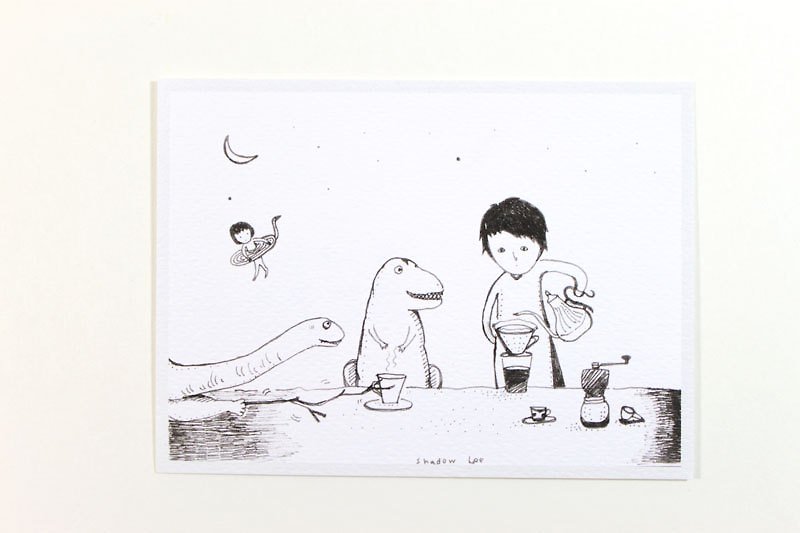 Me and my dinosaur friend. Coffee time under the stars - Cards & Postcards - Paper White