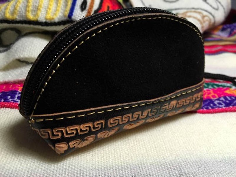 Suede leather handle wide bottom shell small stained glove bag / purse - Black - กระเป๋าใส่เหรียญ - หนังแท้ สีดำ