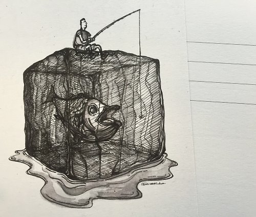 力藝奇坊 - 原創藝術畫作 冰上的釣魚翁 - 明信片及高品質畫作印刷