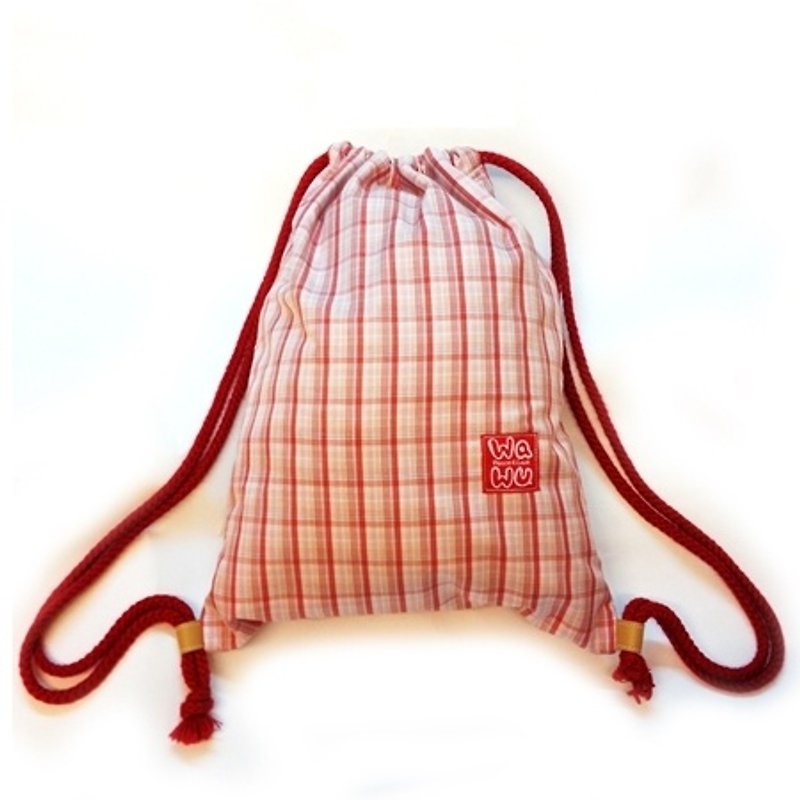 WaWu 束口後背包 / A4收納袋 (粉紅格紋) 日本印花布  *限量 - 水桶袋/索繩袋 - 其他材質 粉紅色