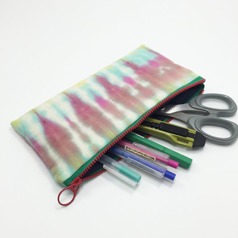 Tie Dye/Handmade/Cosmetic Bags/Zipper Pouch/Pencil box [Line] - กล่องดินสอ/ถุงดินสอ - ผ้าฝ้าย/ผ้าลินิน สึชมพู