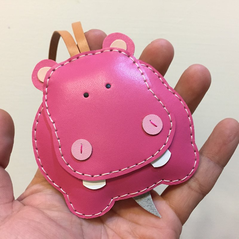 Handmade leather} {Leatherprince Taiwan MIT cute pink hippopotamus hand sewn leather strap / Hugo the Hippo leather charm in Fuschia (Large size / large size) - Keychains - Genuine Leather Pink