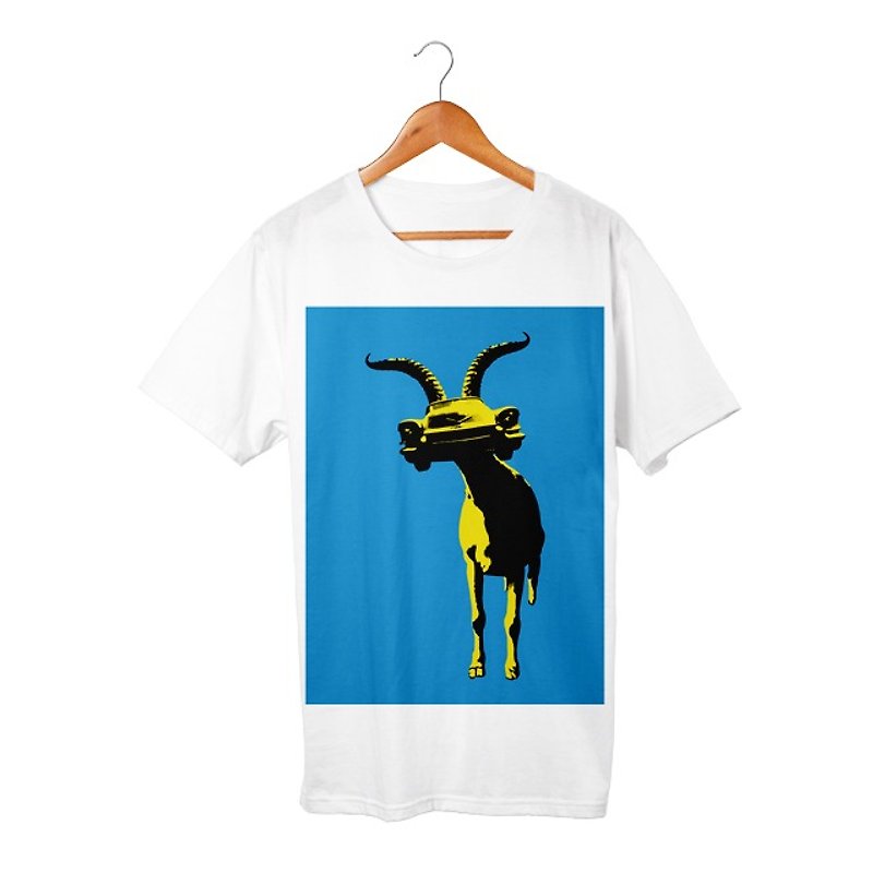 Collage Art Goat T-shirt - เสื้อฮู้ด - ผ้าฝ้าย/ผ้าลินิน ขาว