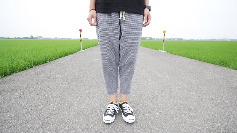 "H-ZOO" wide under the thin black and white checkered cloth-sided narrow Drawstring Pants - (only S No.) - Women's Pants - Other Materials Black