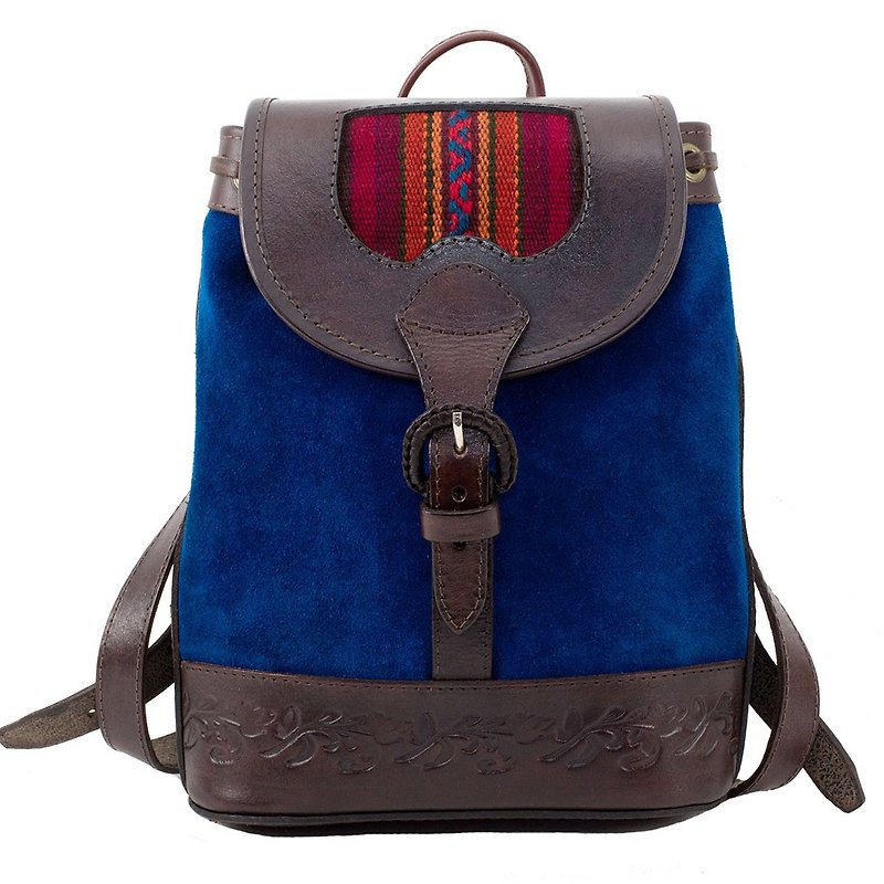 Bambina ethnic style suede handmade mini backpack blue - Backpacks - Genuine Leather Blue
