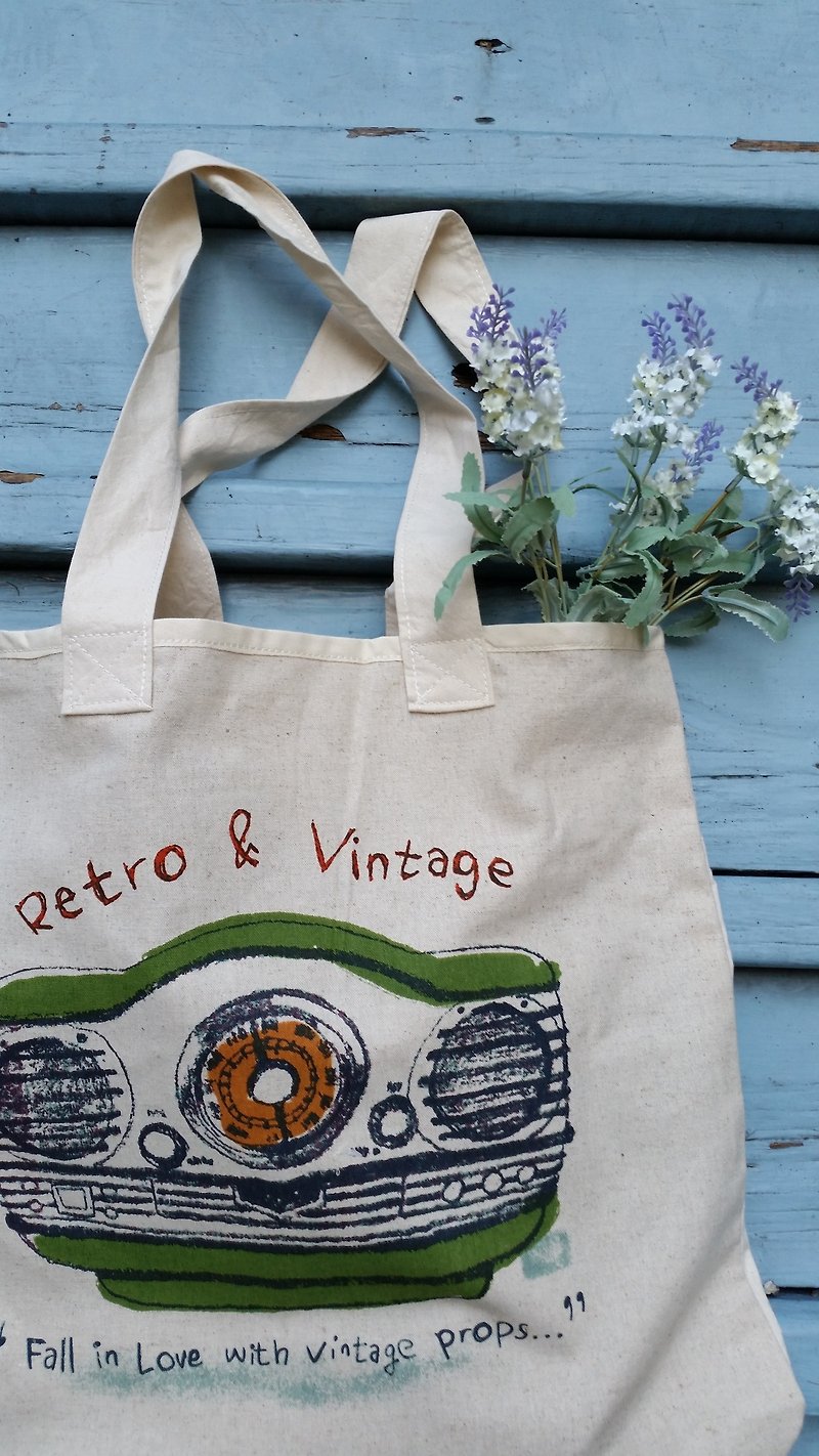Retro radio pattern bag/handbag/shoulder bag/cotton canvas - Messenger Bags & Sling Bags - Cotton & Hemp White
