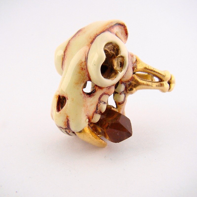 Realistic Saber tooth skull ring with smoky quartz stone and oxidized antique color - General Rings - Other Metals 